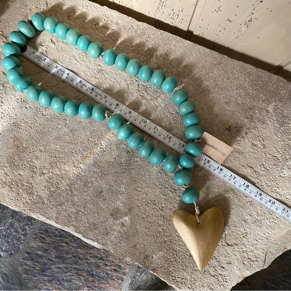 Large 22” mango wood beaded necklace with heart. Made in Philippines. - Picture 3 of 6